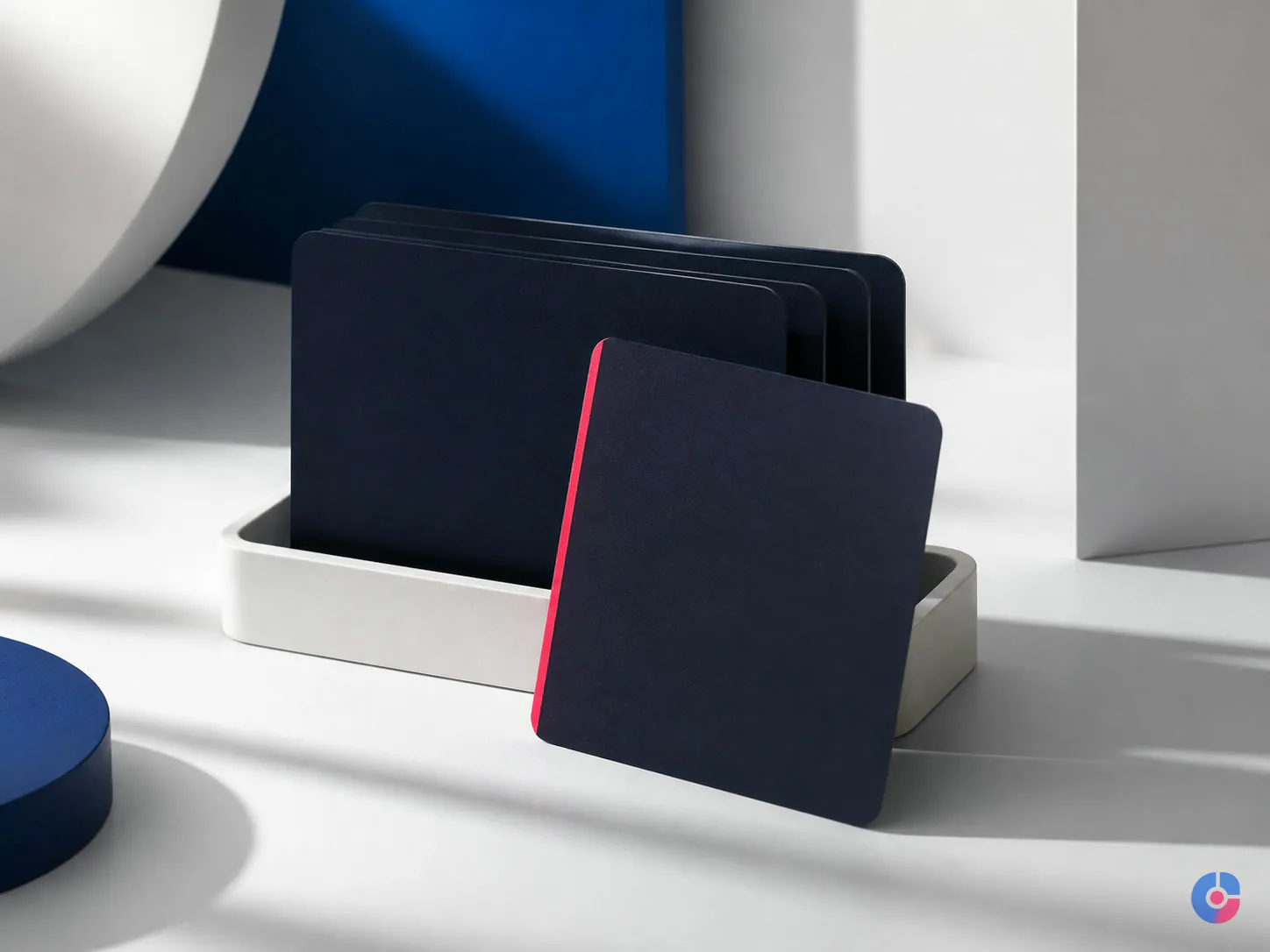 Row of cards in a tray with one pulled forward representing an email follow-up register