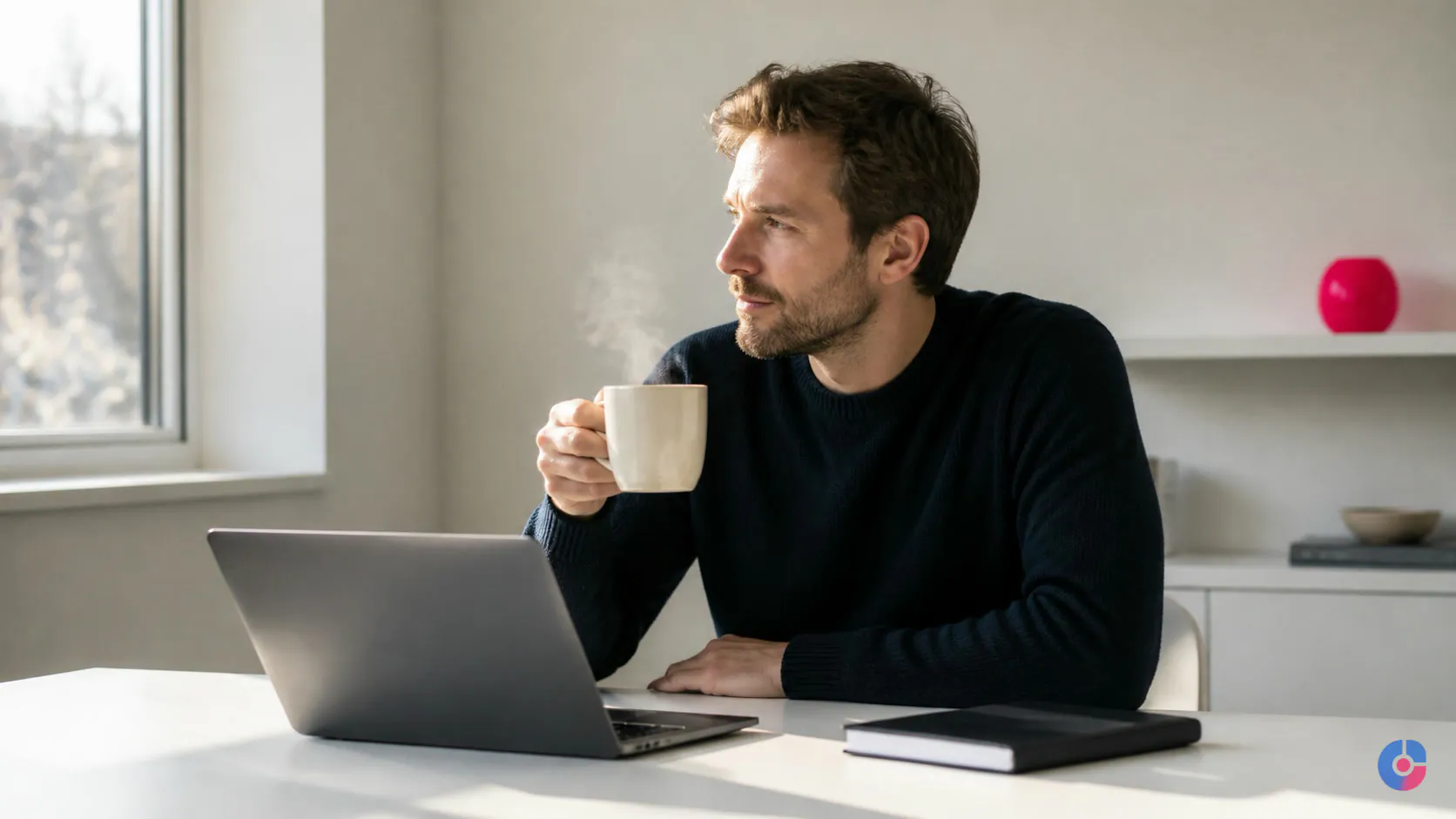 Founder working calmly at a tidy desk after inbox triage in morning daylight