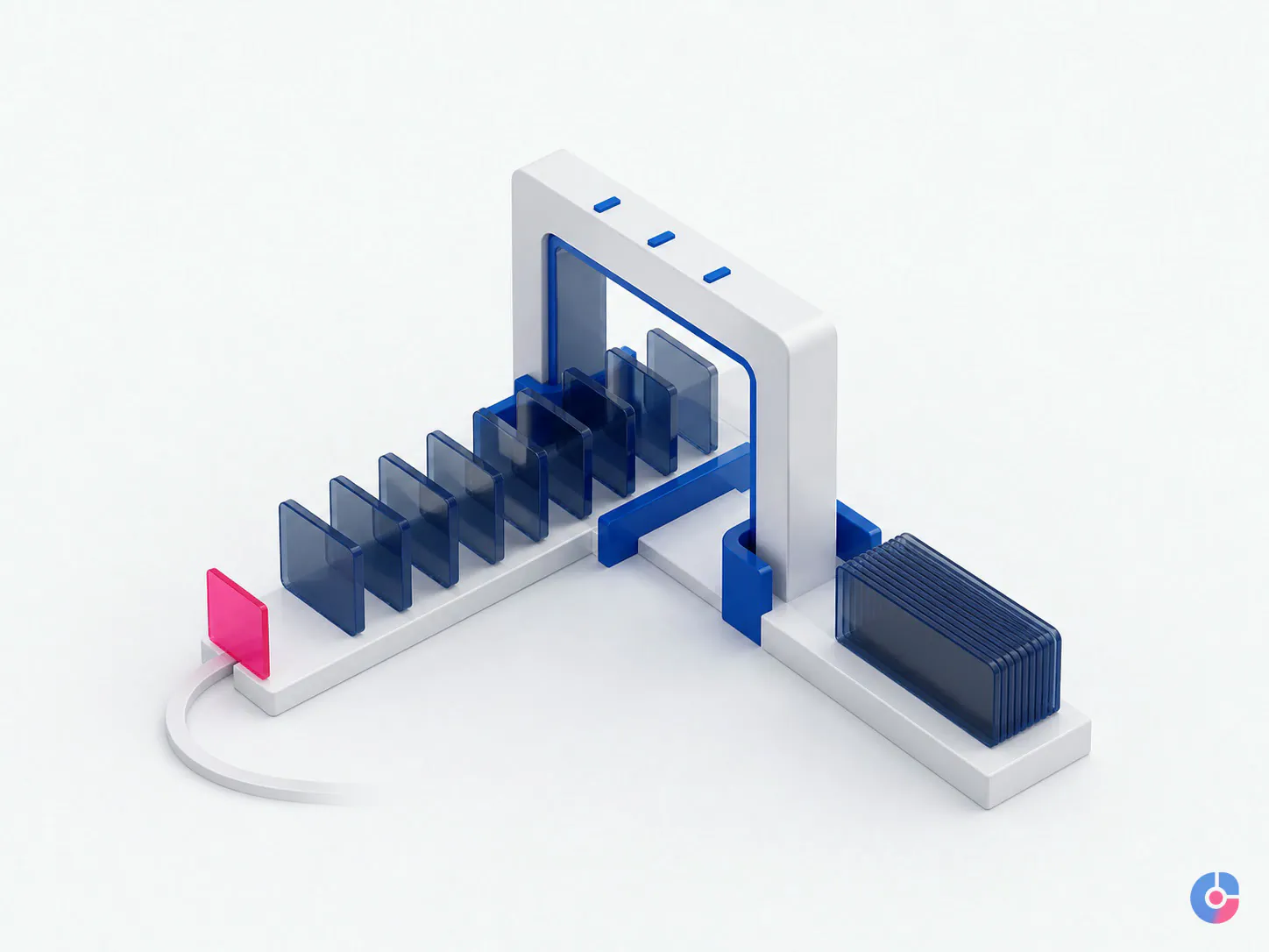 Isometric render of support tickets sorted into a resolved stack with one reopened