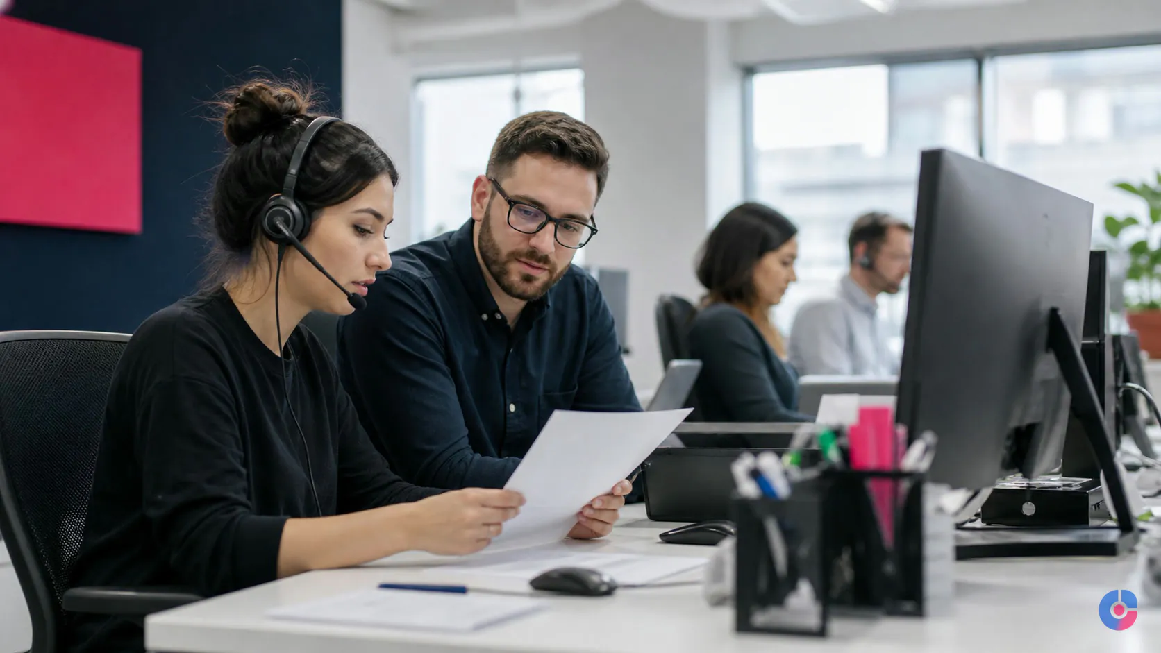 Customer support agents working through an email queue together in a bright office