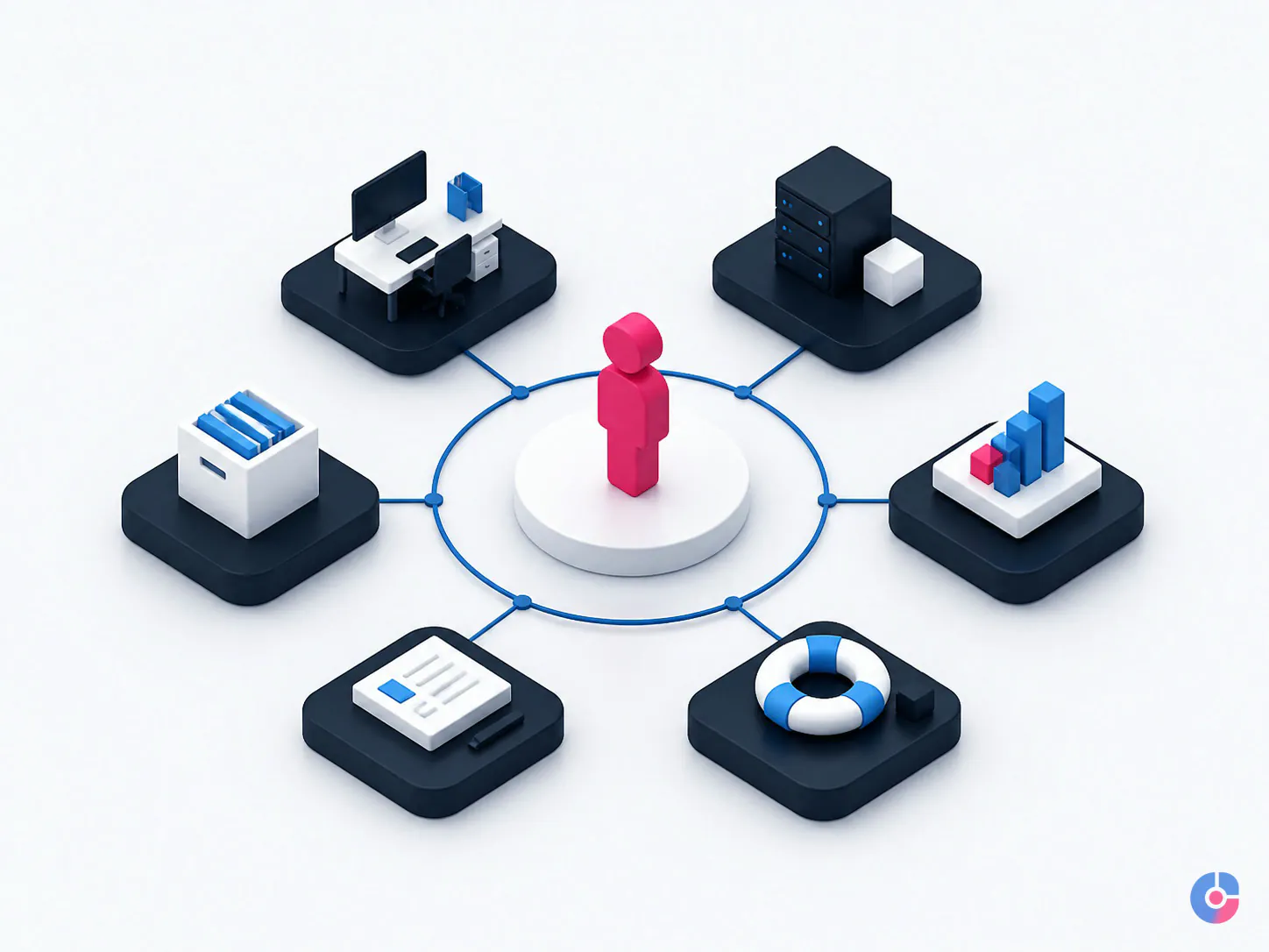 Isometric render of a hosted employee supported by workspace equipment and IT modules