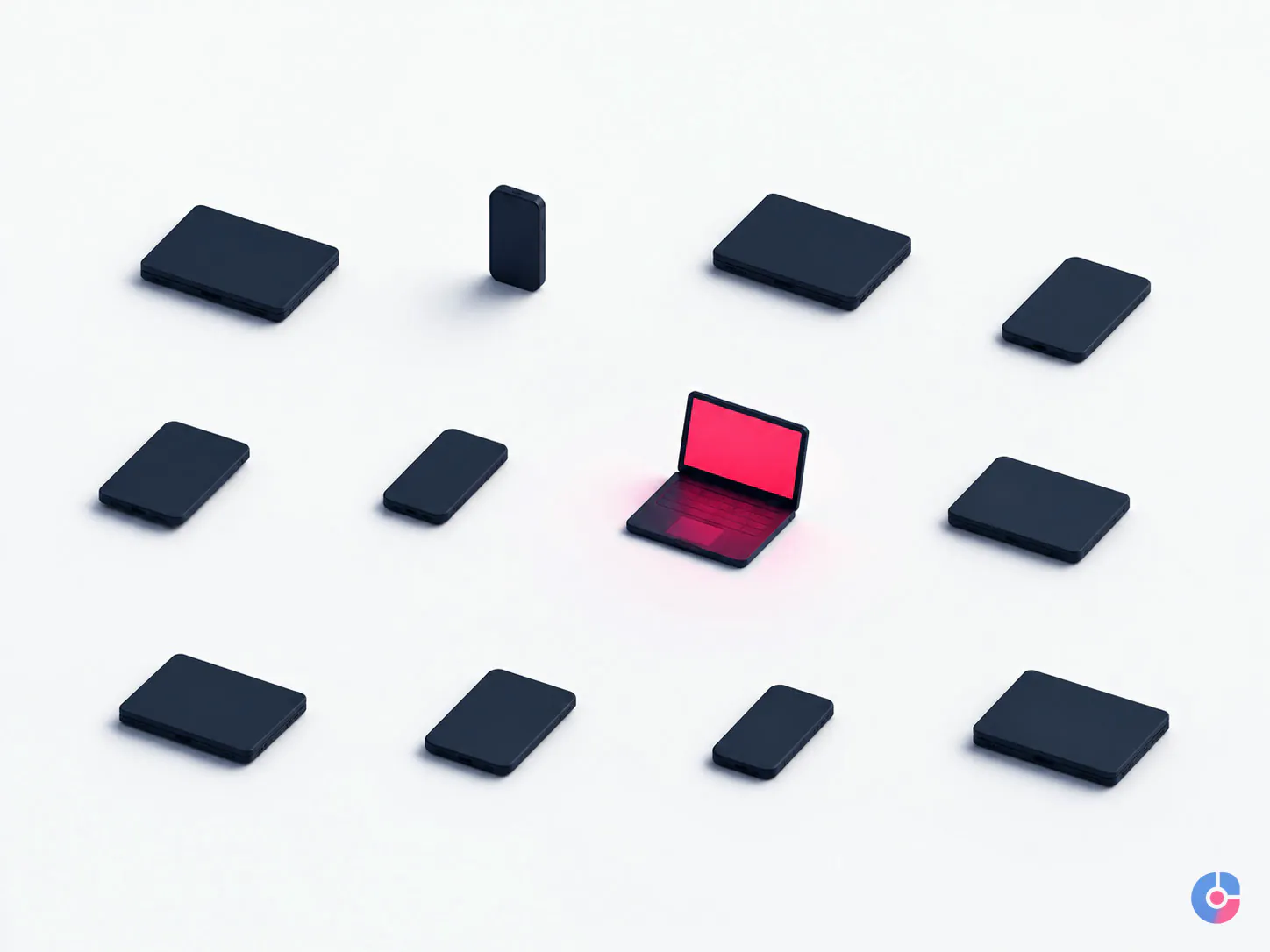 Abstract devices grid showing active sessions being ended after an account hack