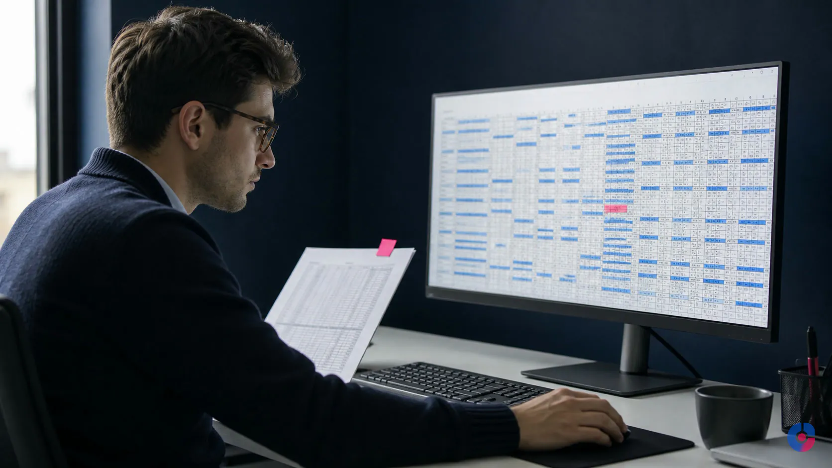 Analyst working through a large spreadsheet during an Excel data cleanup