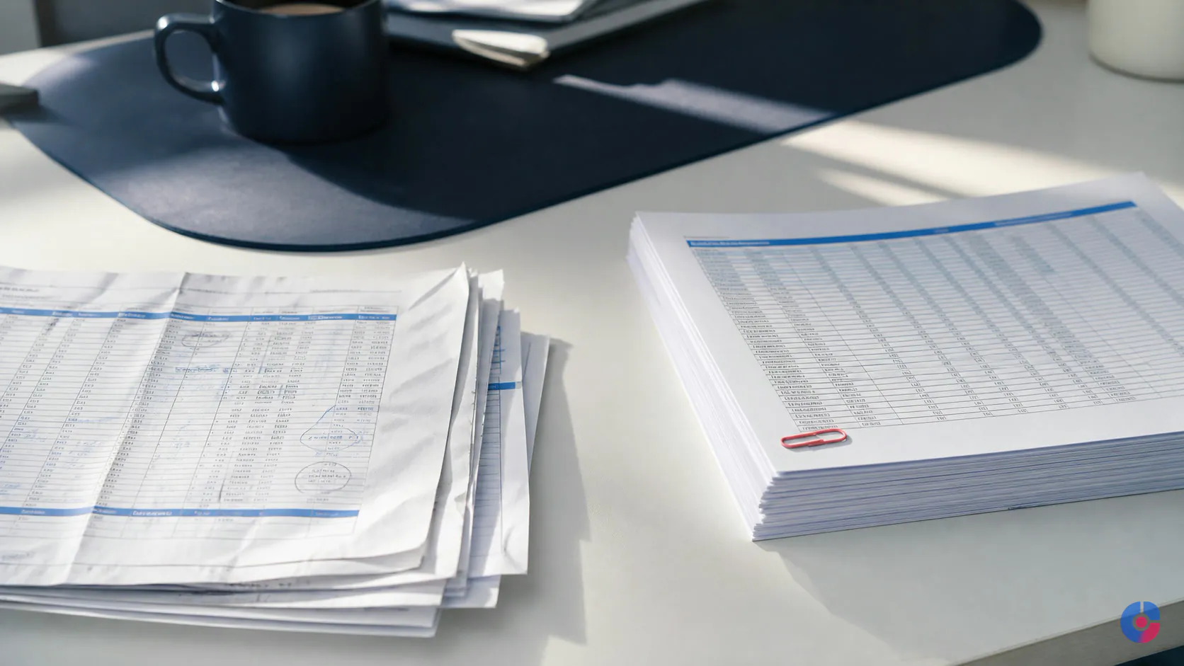 Messy stack of spreadsheets beside a neatly aligned stack after data cleanup