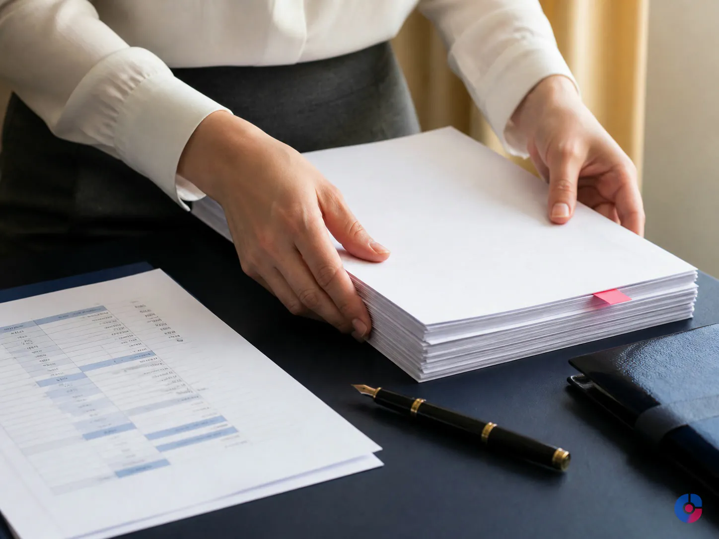 Assistant squaring a printed briefing pack and itinerary before an executive trip