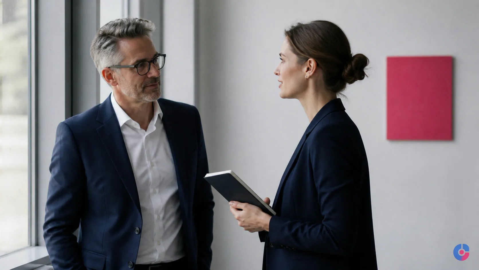 Executive assistant briefing a founder beside a window in a quiet office