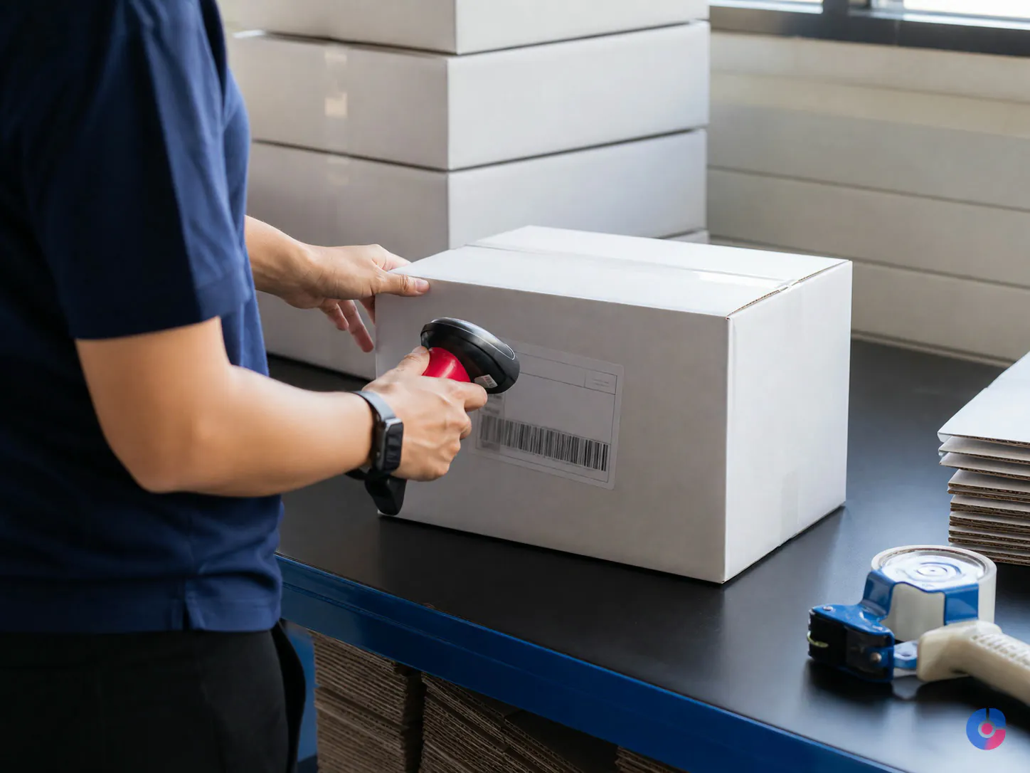 Hands preparing a labelled carton at a packing bench for marketplace fulfilment