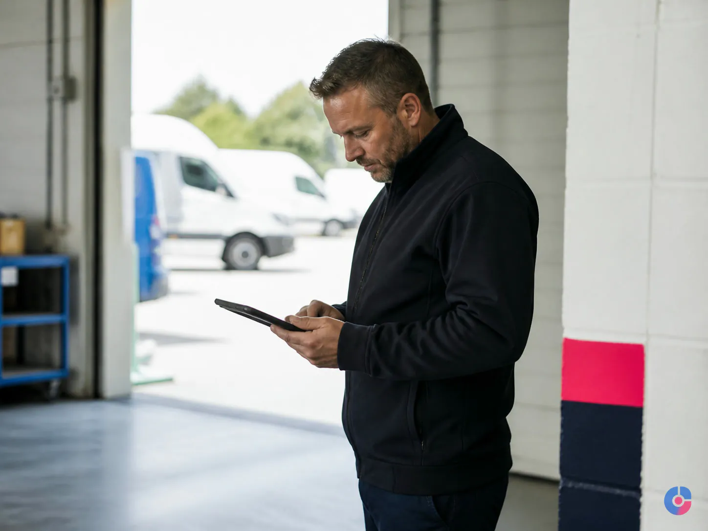 Field service coordinator checking scheduled jobs on a tablet at a depot entrance