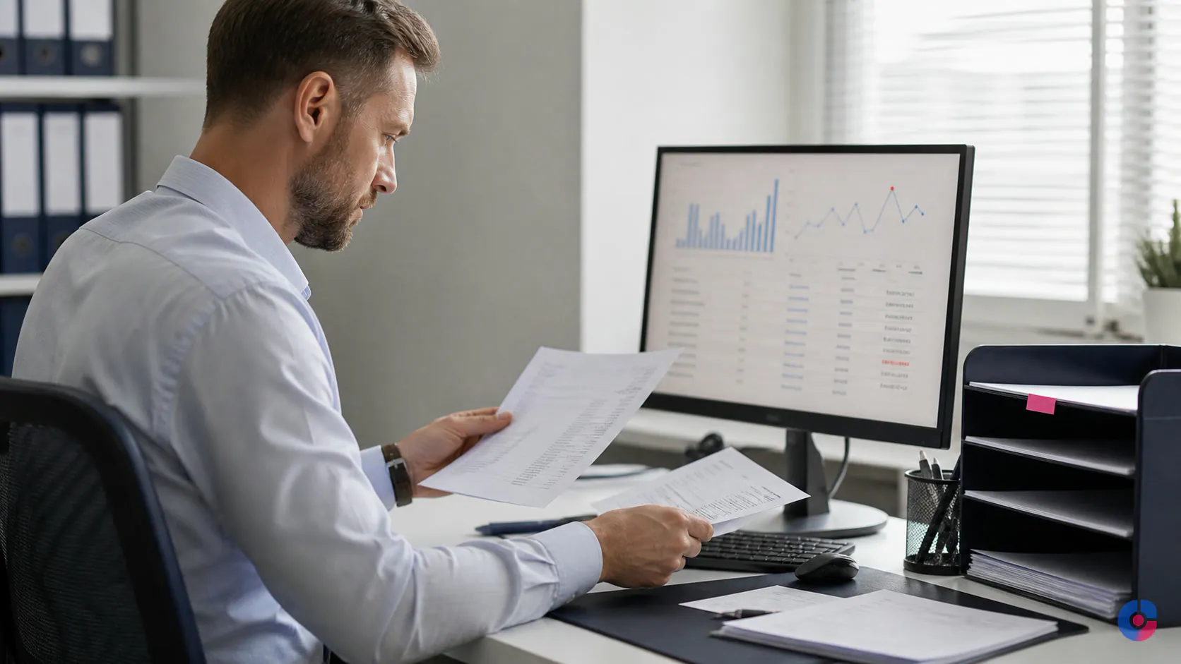 Finance administrator matching supplier invoices against records at a tidy desk