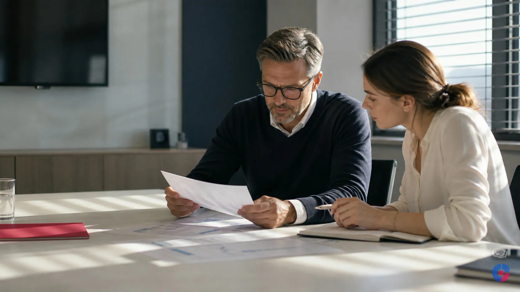 Finance manager and assistant reviewing a printed month-end checklist together