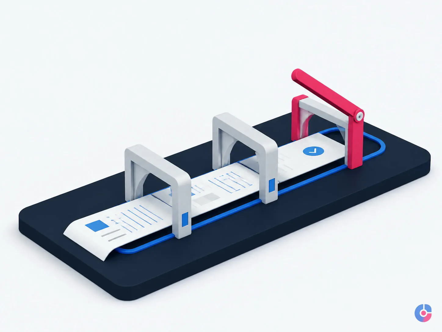 Isometric render of an invoice passing preparation stages before a final approval gate
