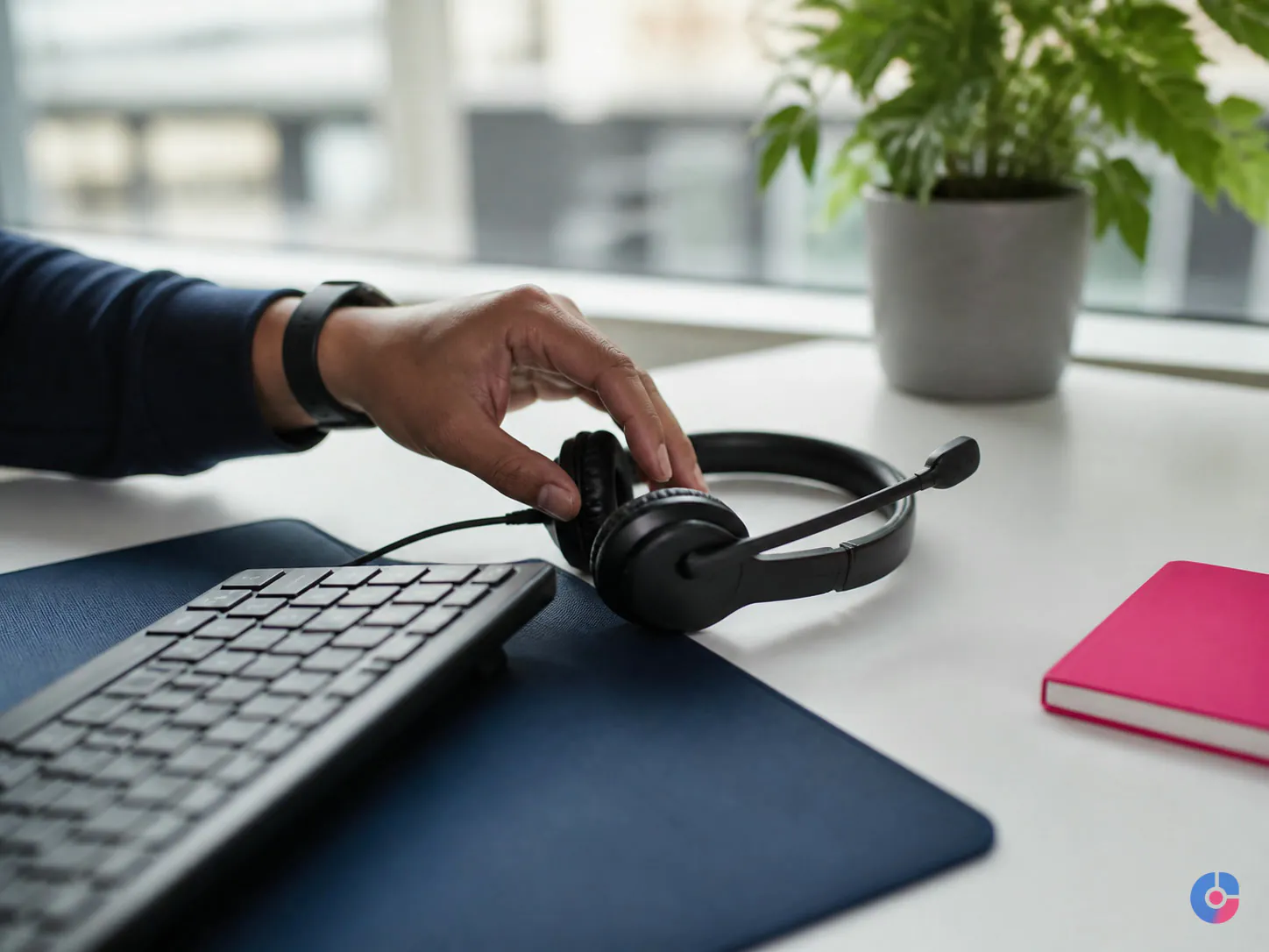 Support agent picking up a headset to cover first response on inbound enquiries