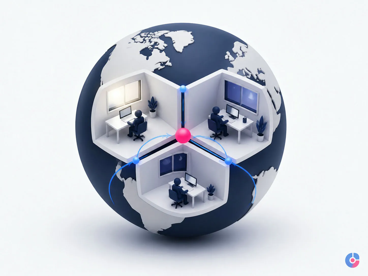 Isometric globe render showing follow-the-sun support coverage handing work between regions