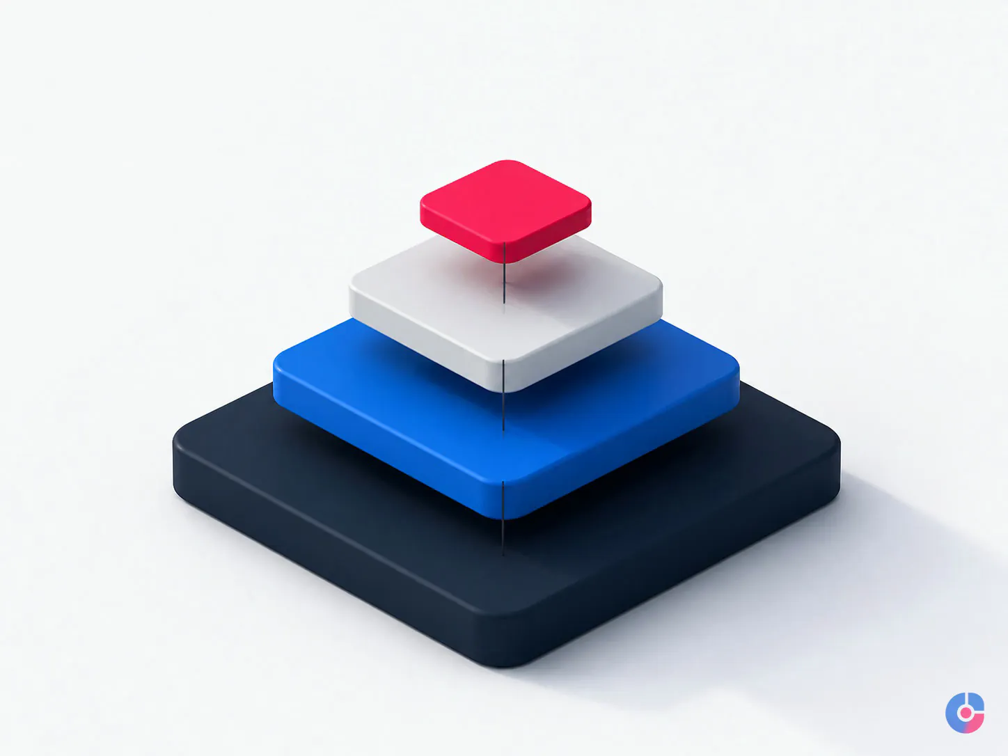 Isometric render of four stacked layers representing the disciplines that make up SEO