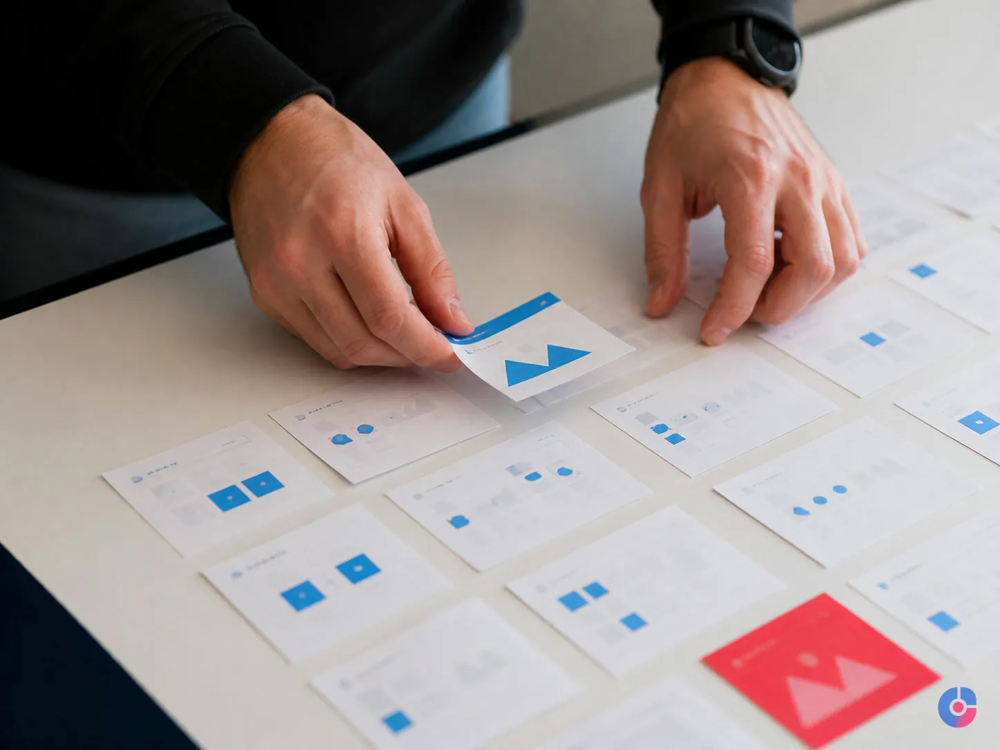 Hands arranging printed content cards into a four week publishing plan