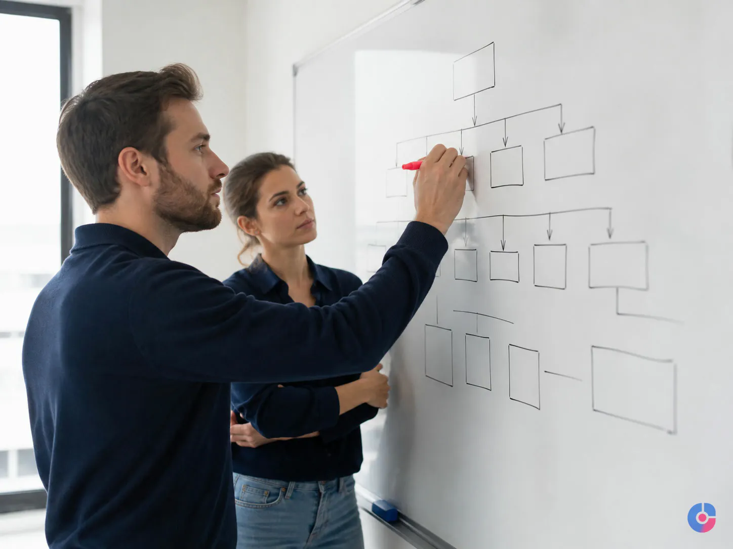 Colleagues sketching a Google Ads campaign structure on a whiteboard