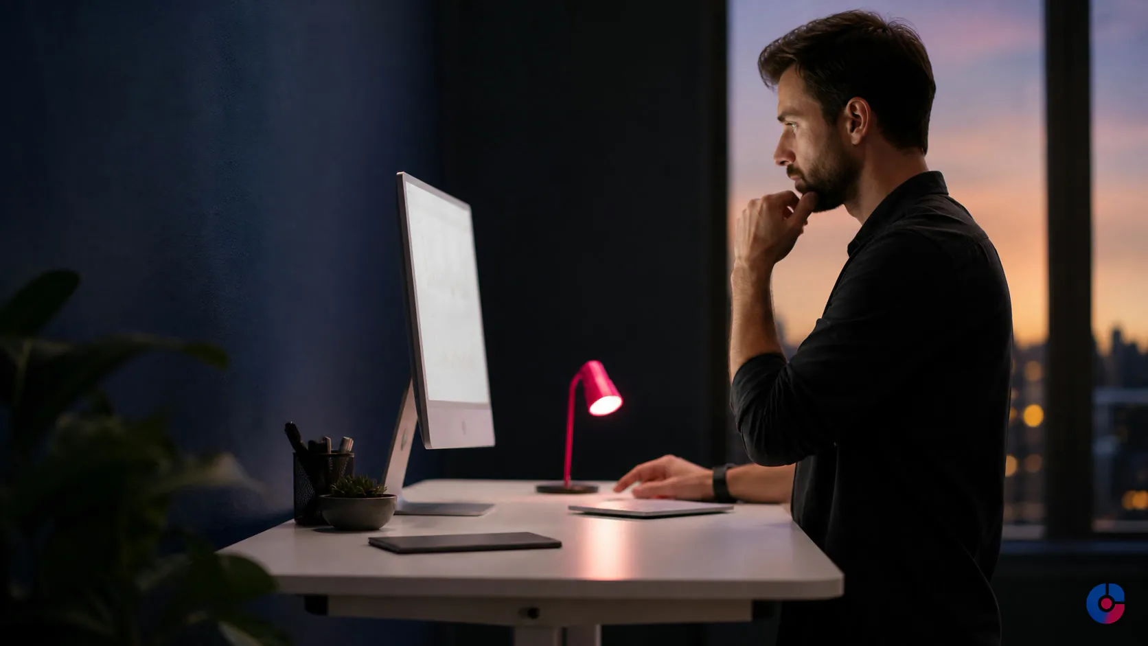 Marketing specialist reviewing a Google Shopping campaign on a monitor at dusk