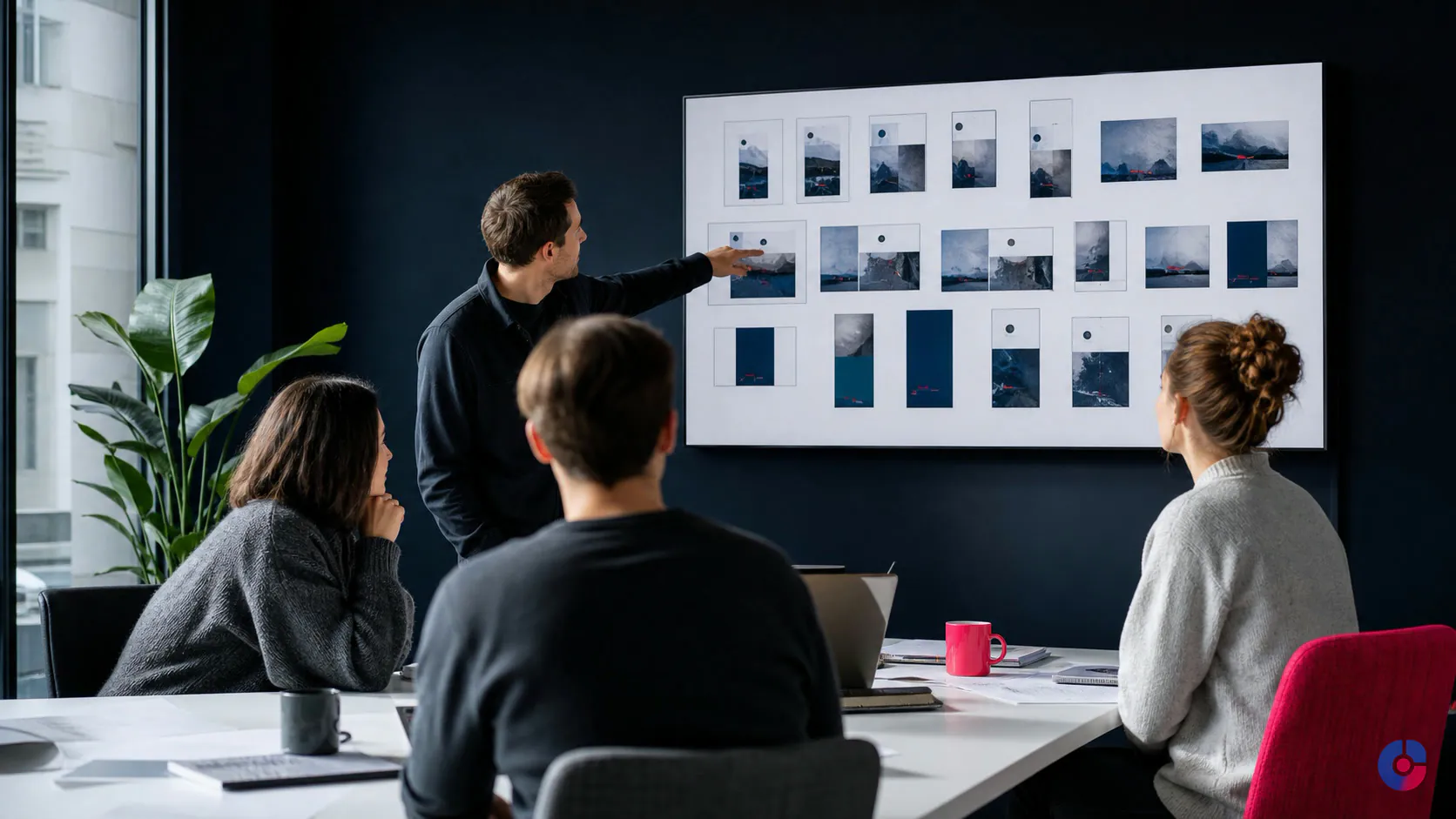 Marketing team reviewing design variations with a graphic design assistant on screen