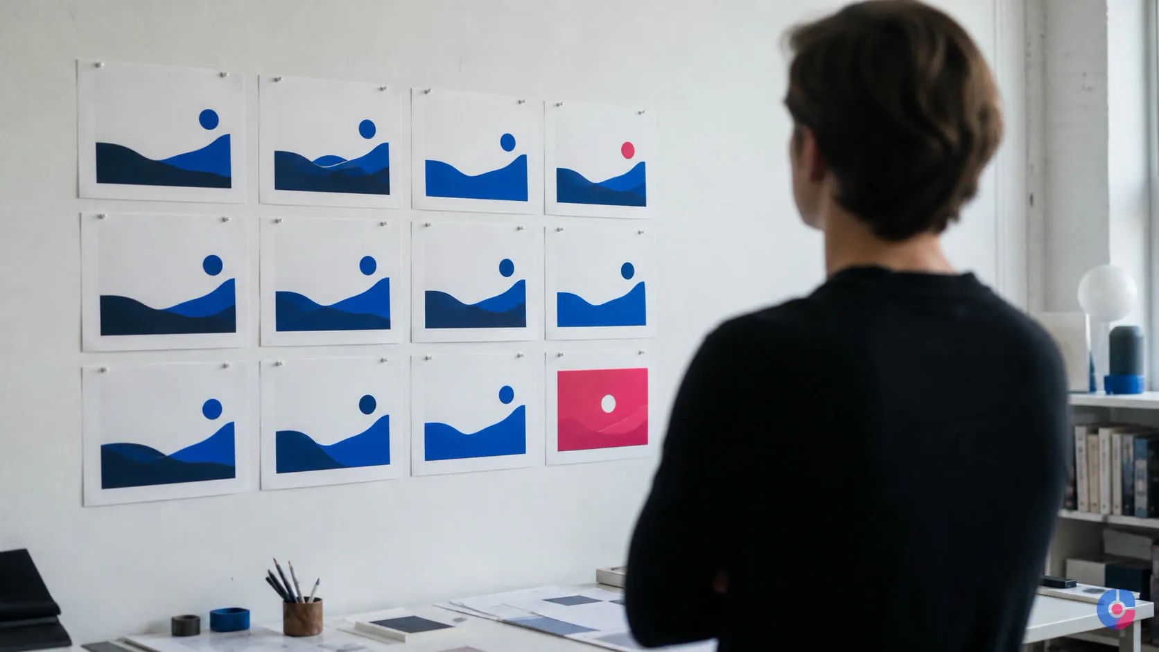 Designer reviewing a grid of printed layout variations pinned on a studio wall