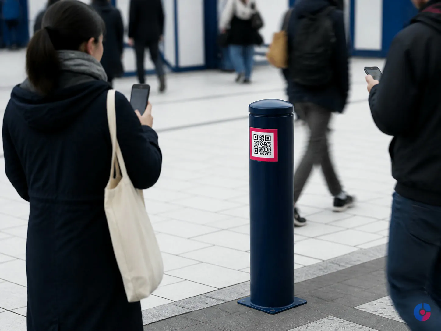 Pedestrians scanning a code panel that captures response from a guerrilla campaign