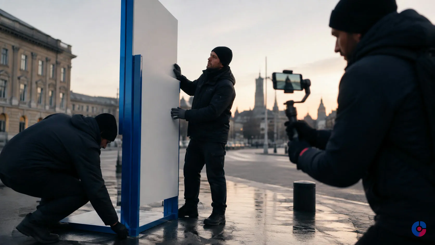 Small crew installing a street level guerrilla marketing installation at dawn