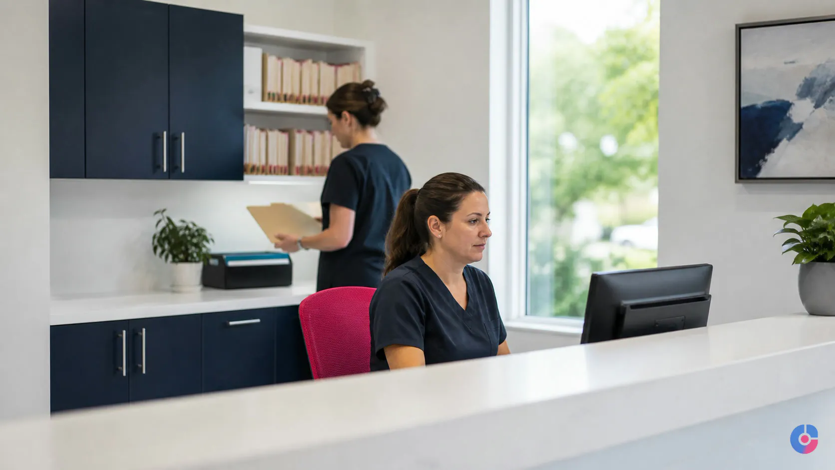 Medical practice administrator working at a calm front office reception desk