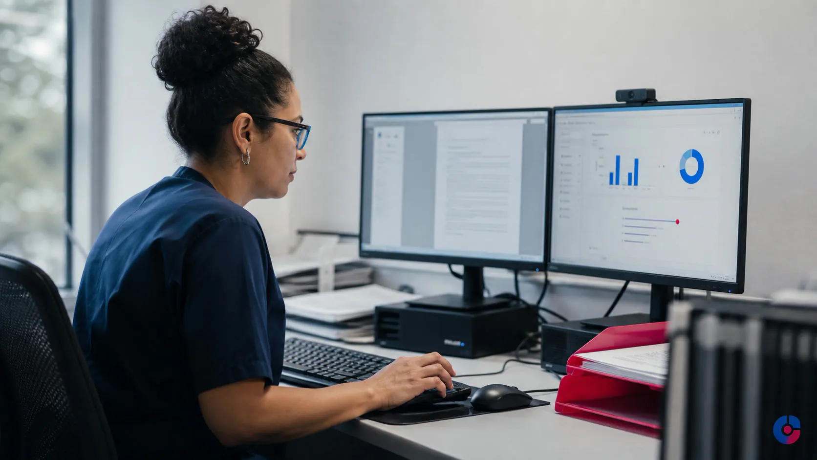 Clinic clerk verifying scanned patient documents against an electronic health record
