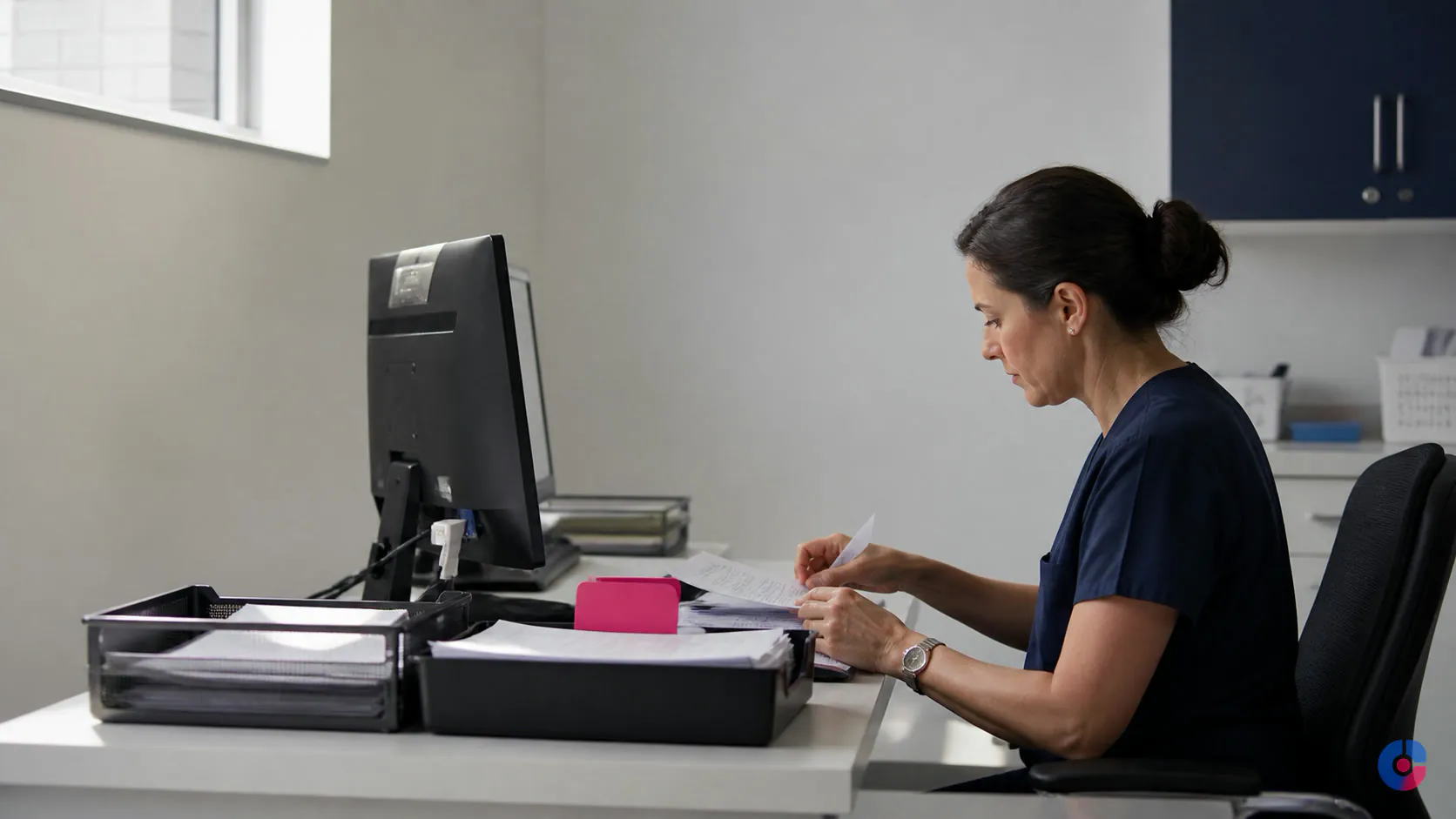 Records clerk working through clinical documents at a quiet clinic workstation