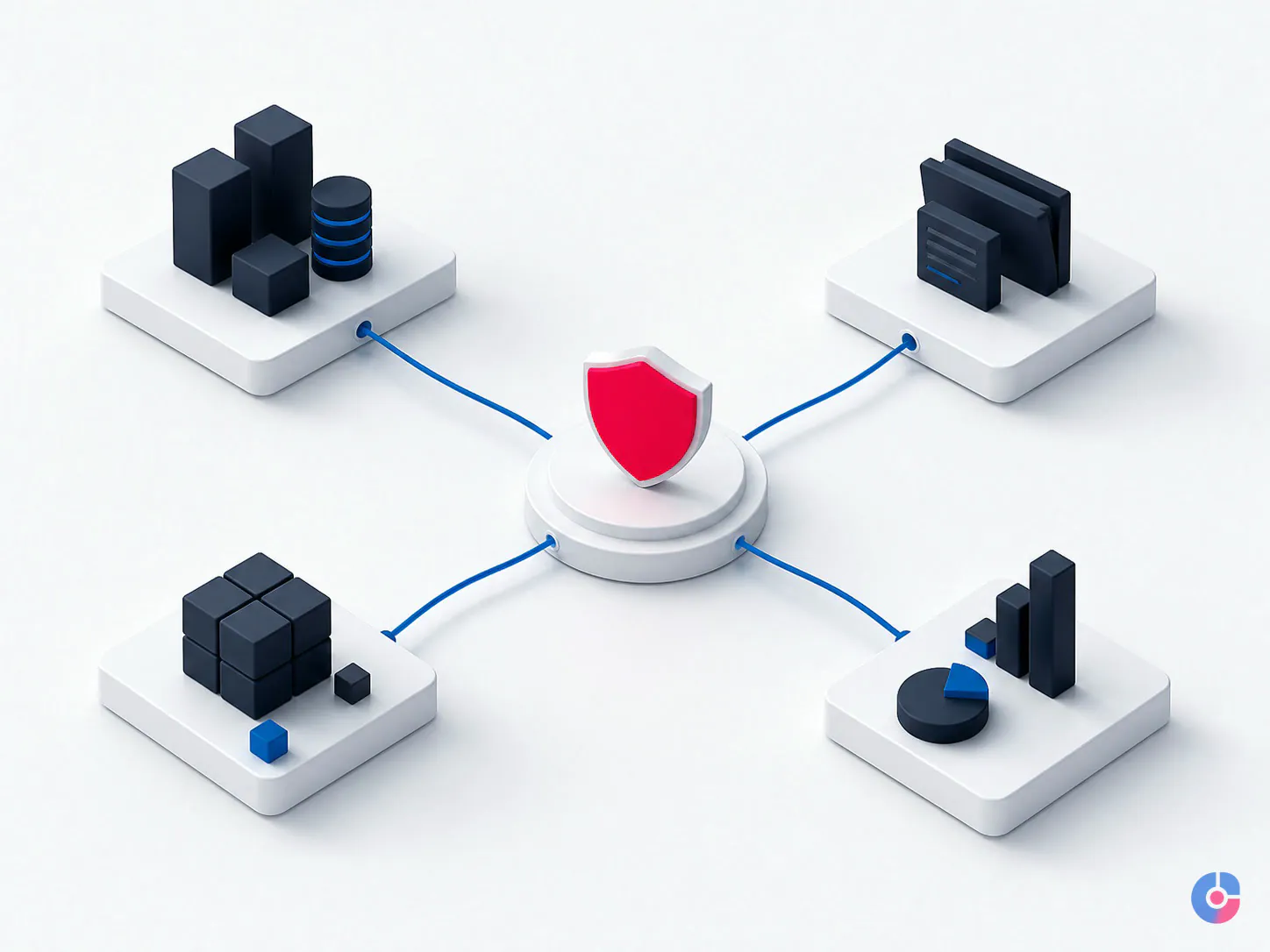 Isometric diagram of practice functions routed through a secure access control point