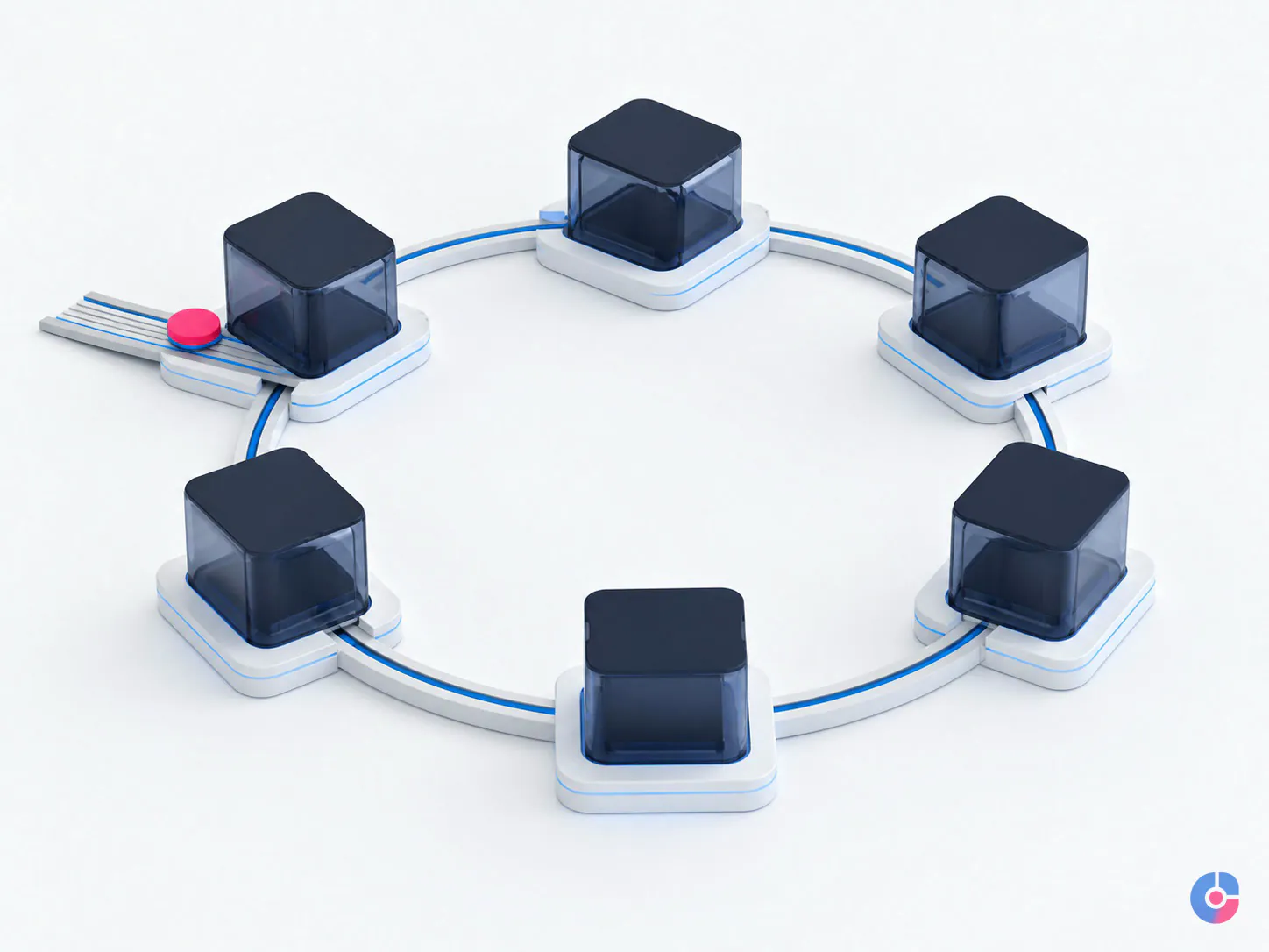Isometric render of the healthcare revenue cycle stages arranged as a continuous loop