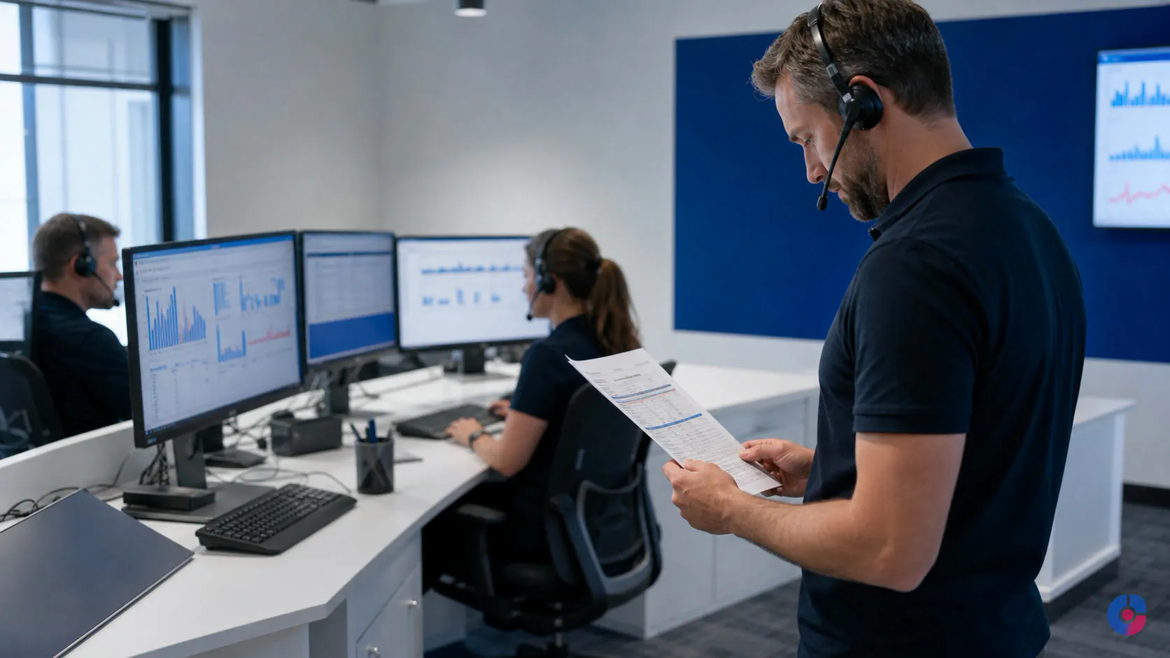 Technical support specialists working at a tiered helpdesk in an operations room