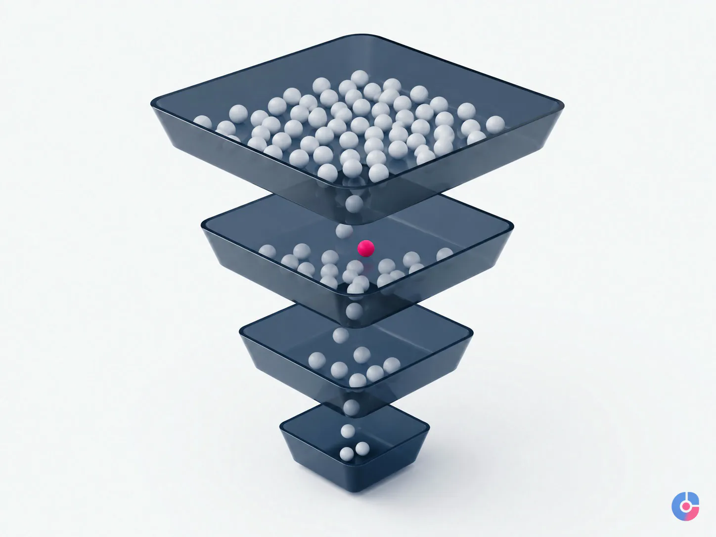 Isometric hiring funnel render showing candidates moving through four recruitment stages