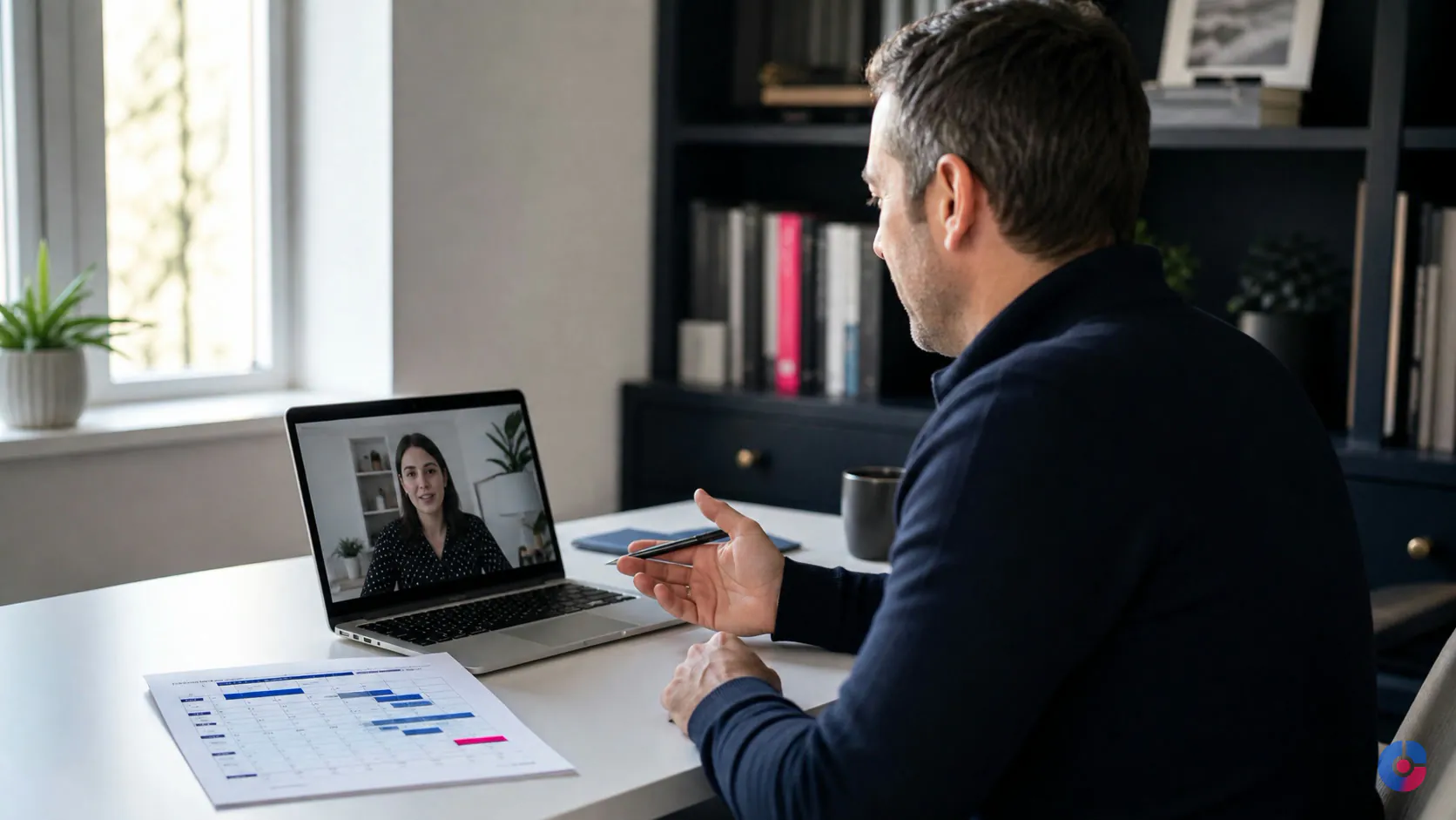 Business owner onboarding a new remote hire by video call from a home study