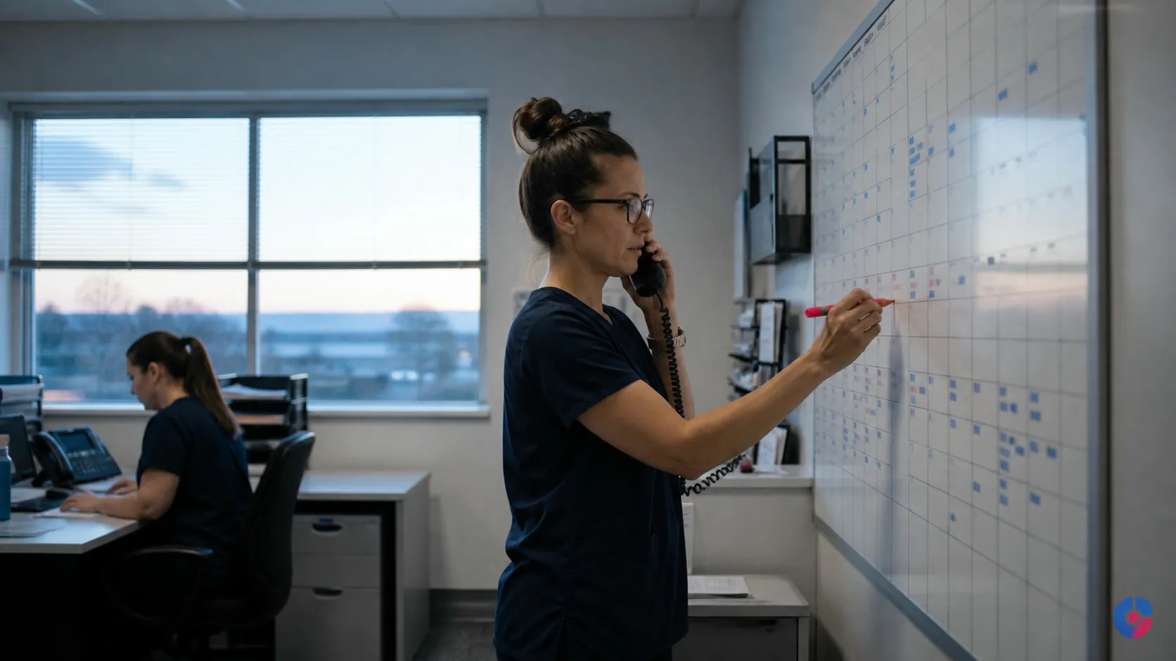 Home care coordinator managing caregiver schedules at a wall planner early in the morning