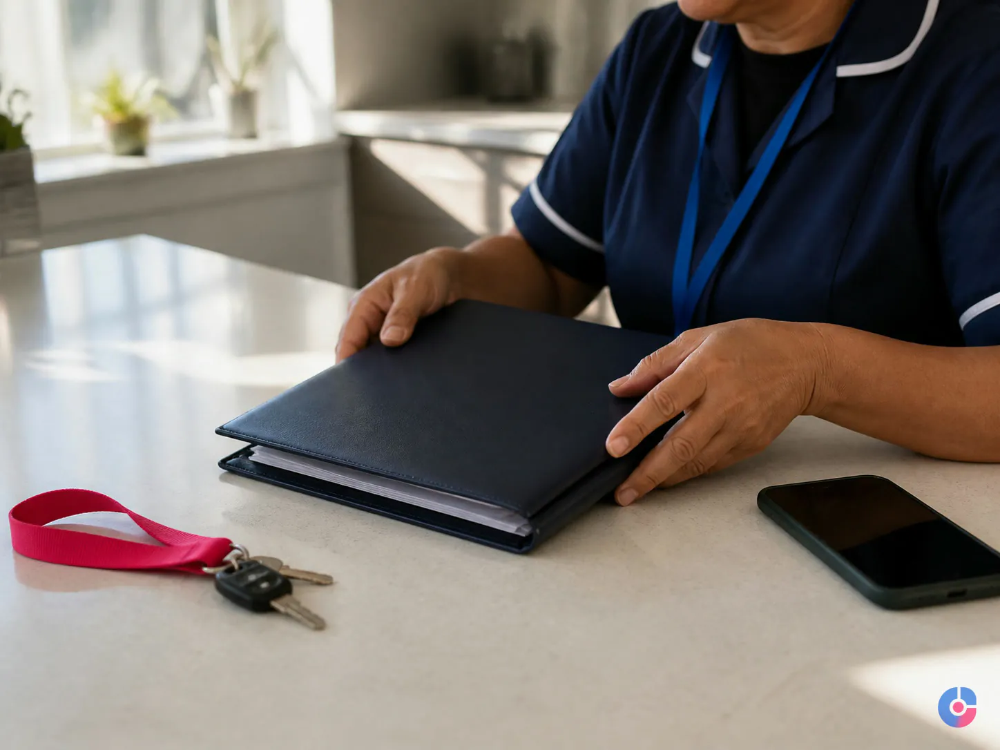 Caregiver closing a visit folder on a kitchen table beside keys and a phone