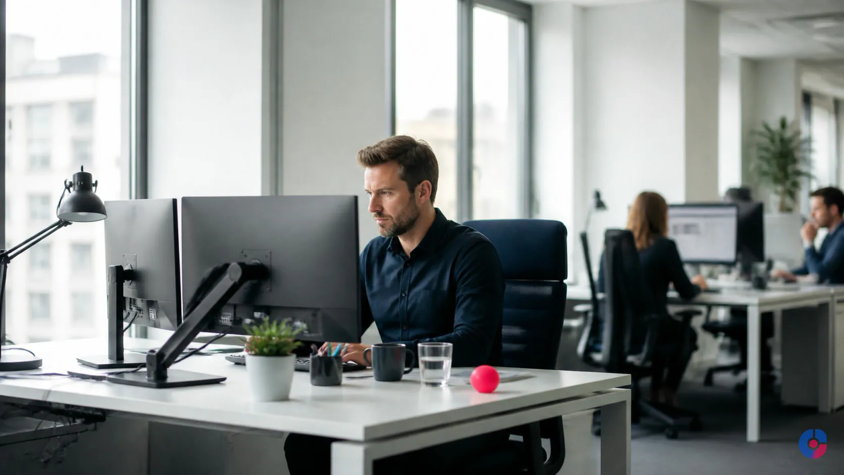 Hosted remote employee working at a fully equipped desk in a managed office