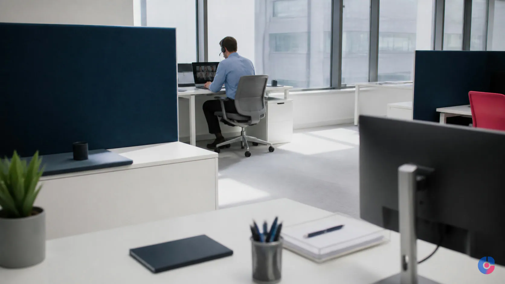 Hosted remote employee working at a managed office workstation on a client video call