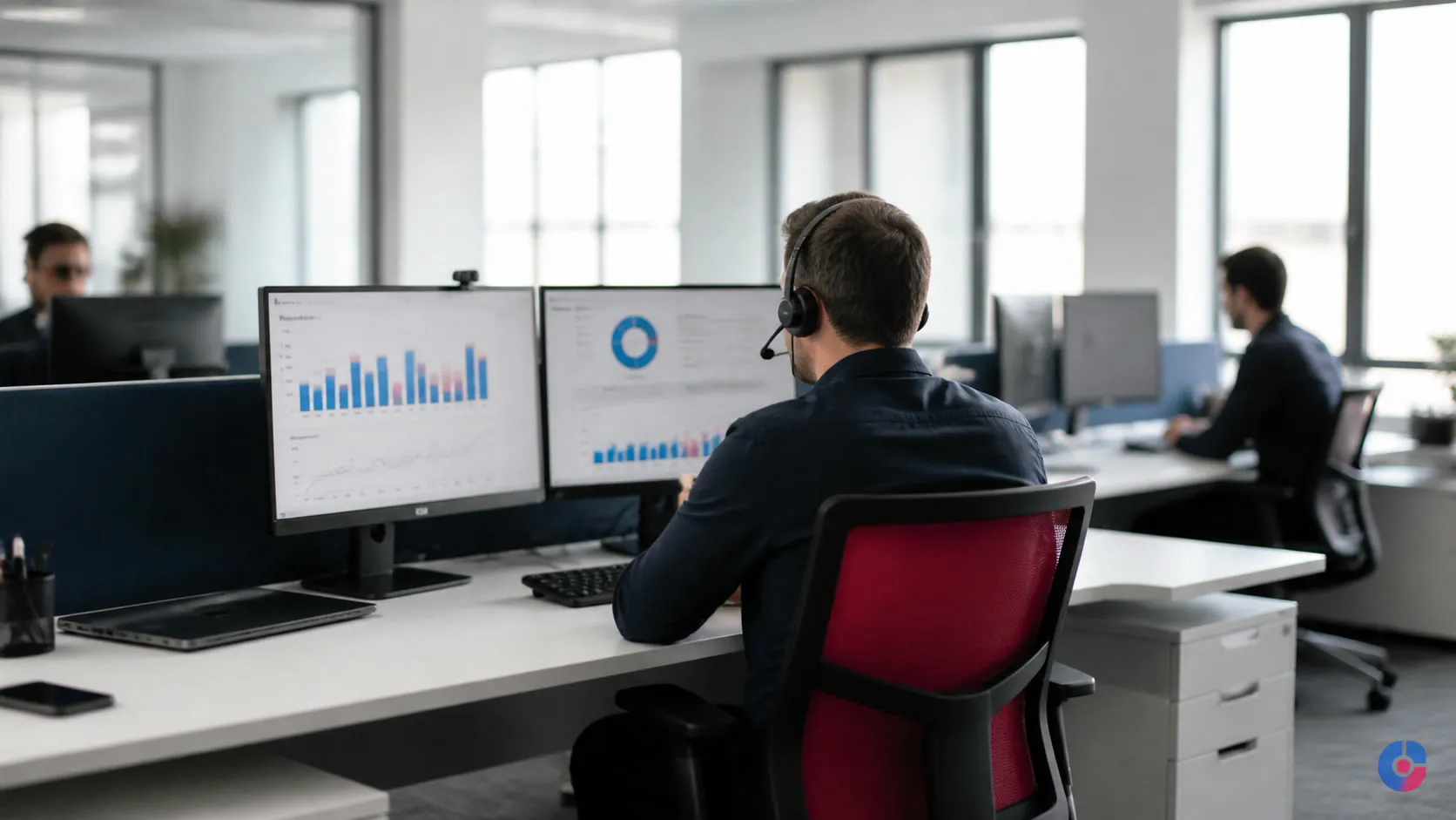 Hosted remote employee working at a prepared workstation in a managed office