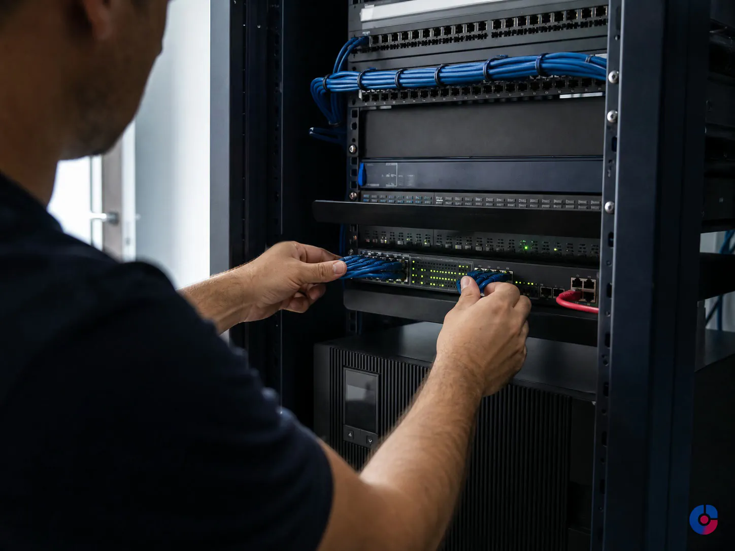 Technician checking network and backup power equipment supporting hosted remote staff