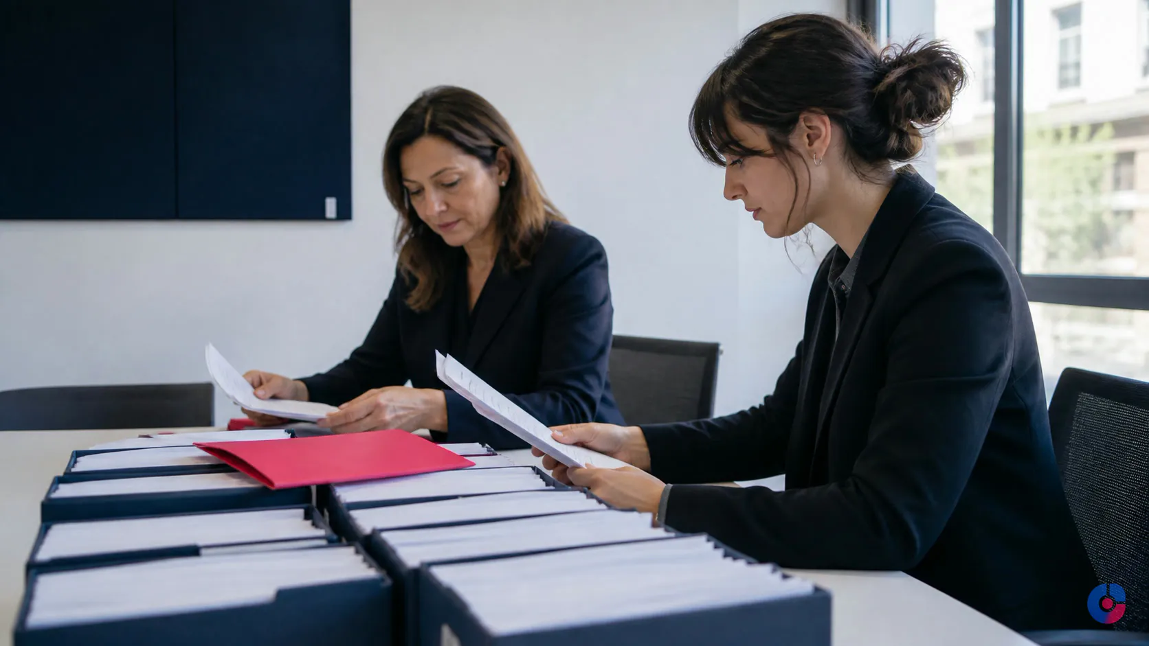 HR manager and assistant reviewing employee files at a meeting table
