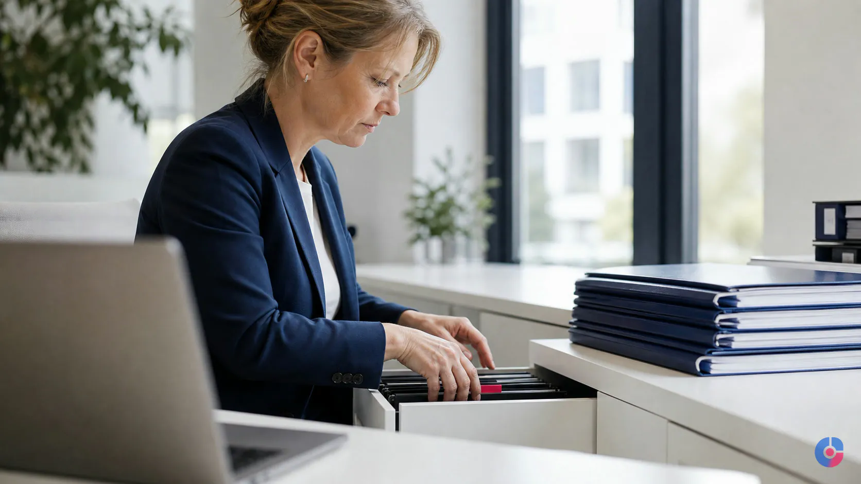 HR manager organising personnel files while handling HR admin for a growing company