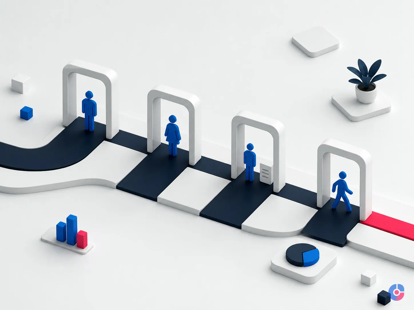 Isometric track showing hiring onboarding records and exit stages of HR admin