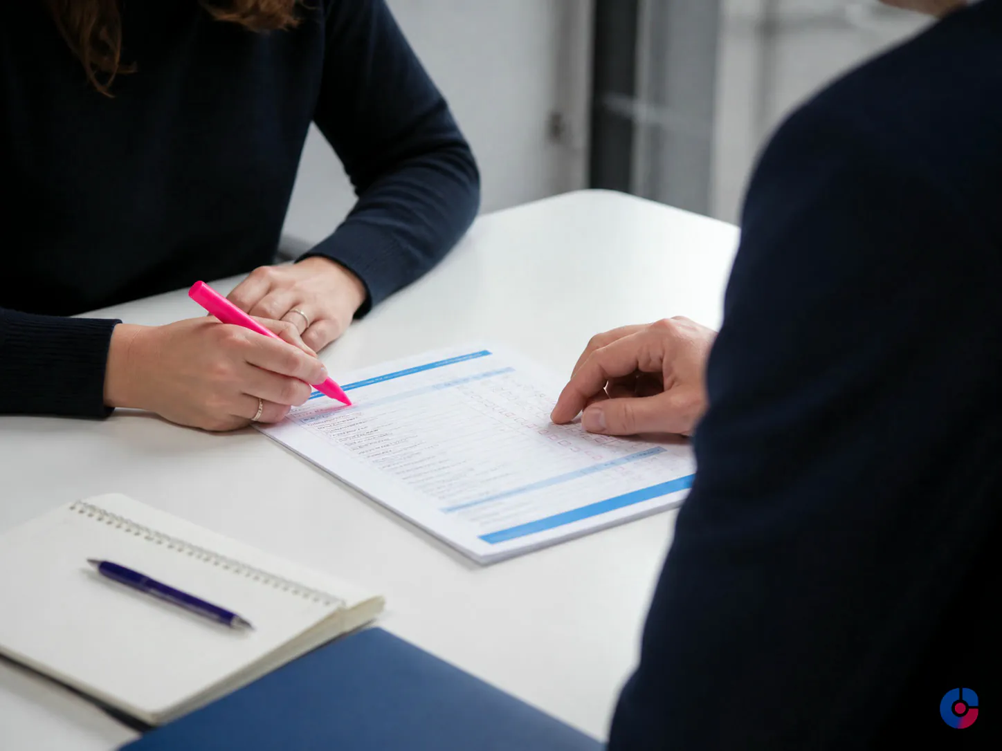 Colleagues reviewing a printed onboarding checklist during HR administration work