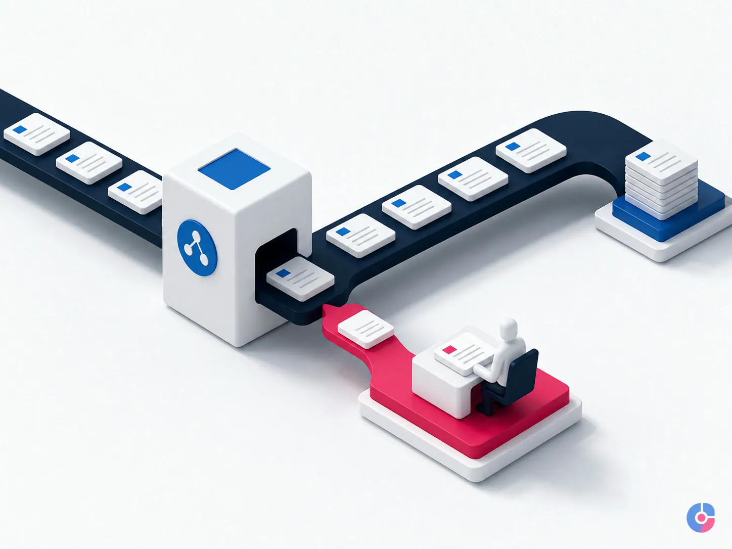 Isometric render of an automated document workflow with a human review station