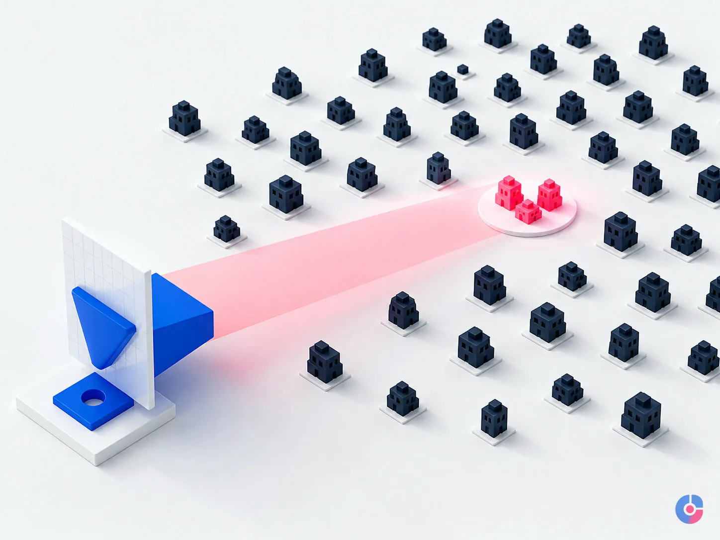 Isometric concept of an ideal customer profile filter narrowing a field of target companies