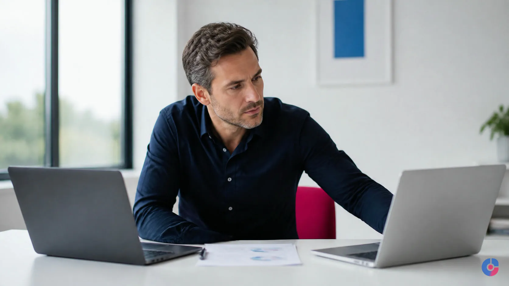 Business owner comparing two websites while assessing web development quality