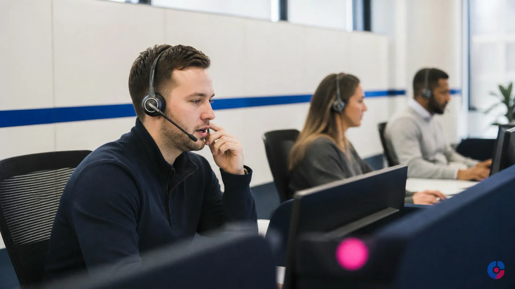 Inbound call centre agents handling customer calls at a bright shared workspace