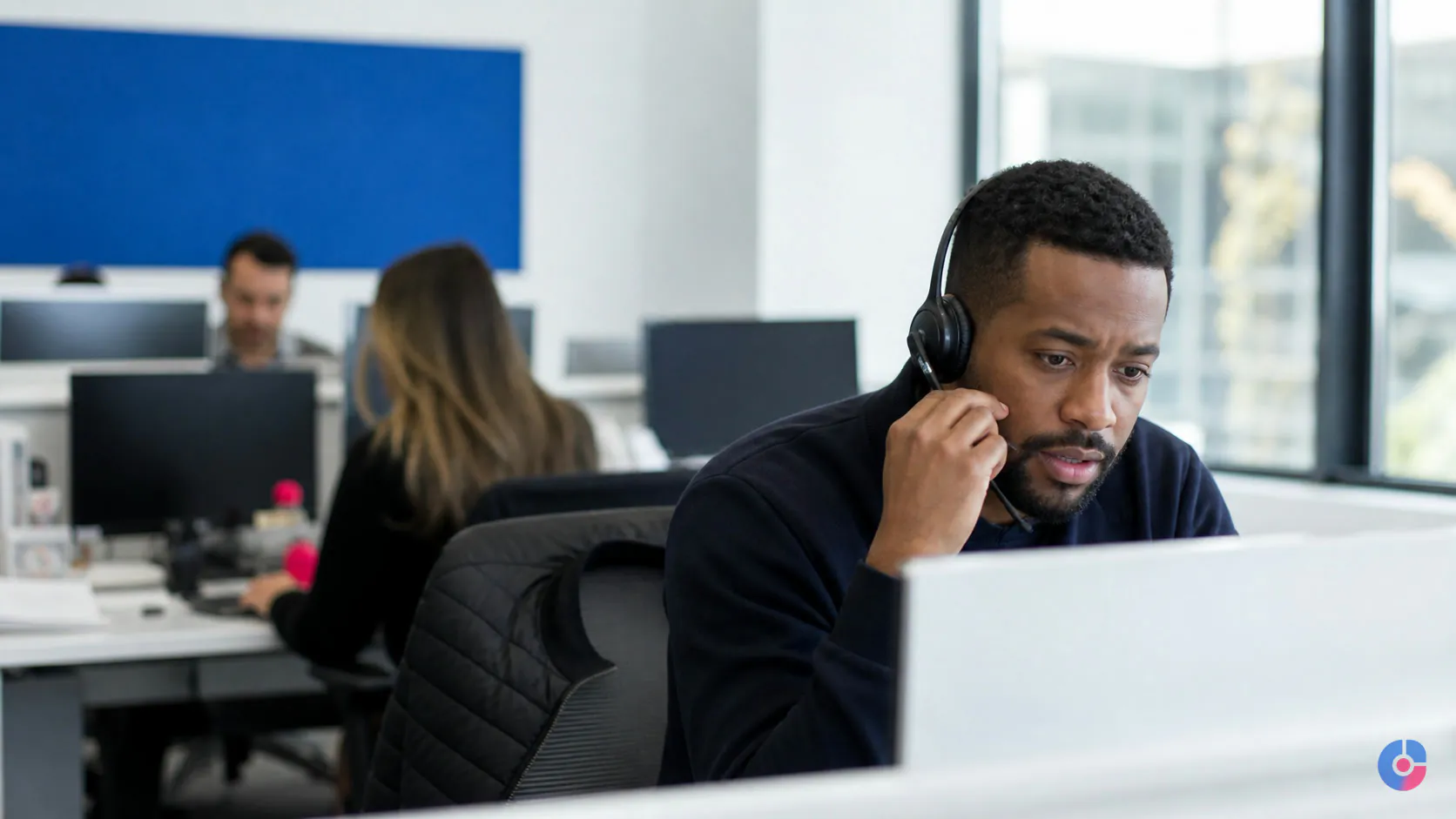 Inbound call agent listening attentively to a caller at an open workstation