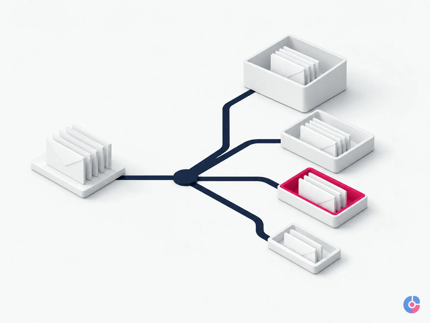 Isometric render of incoming email sorting into four separate triage trays