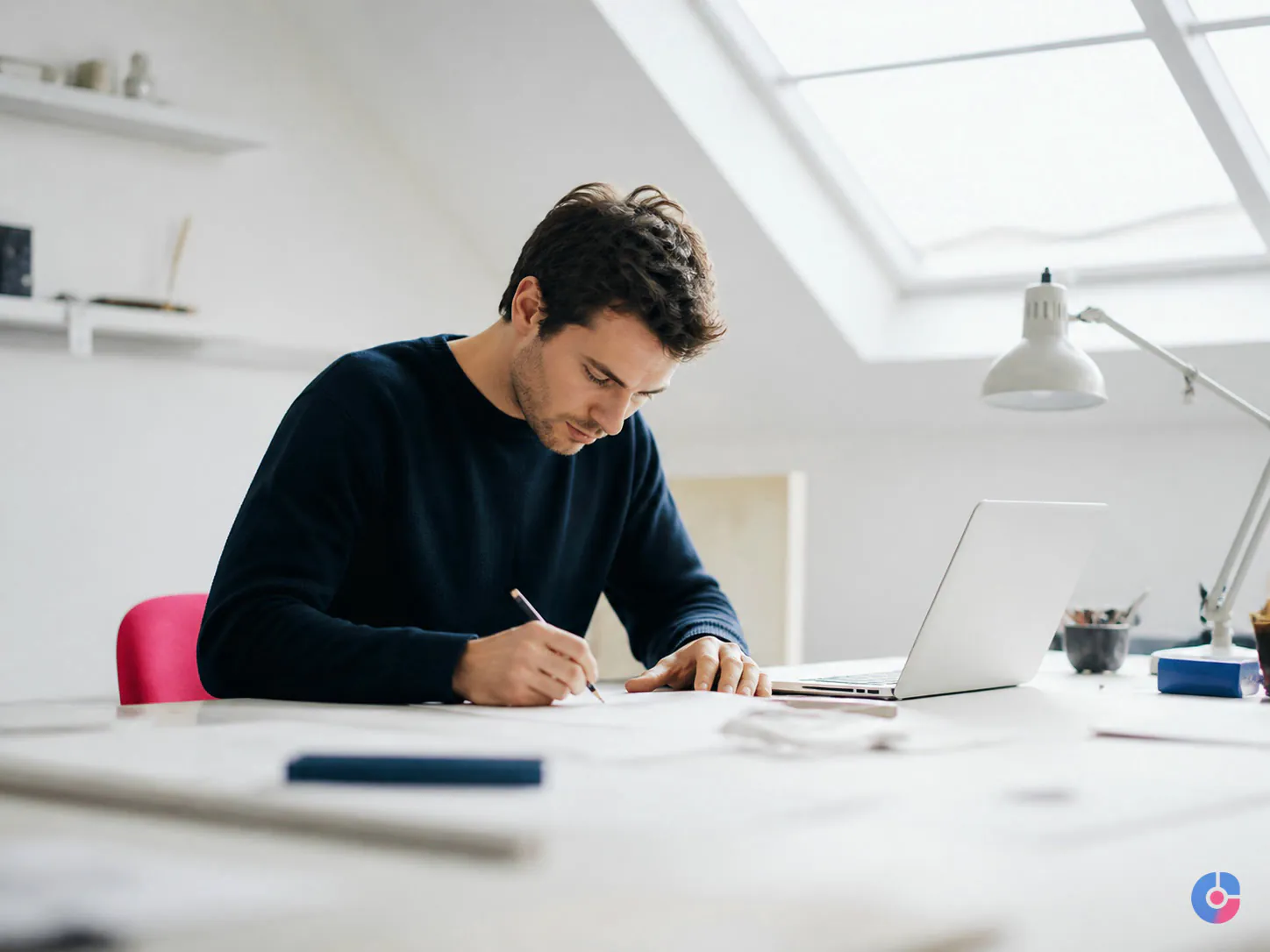 Independent contractor working on a defined specialist project in a bright studio